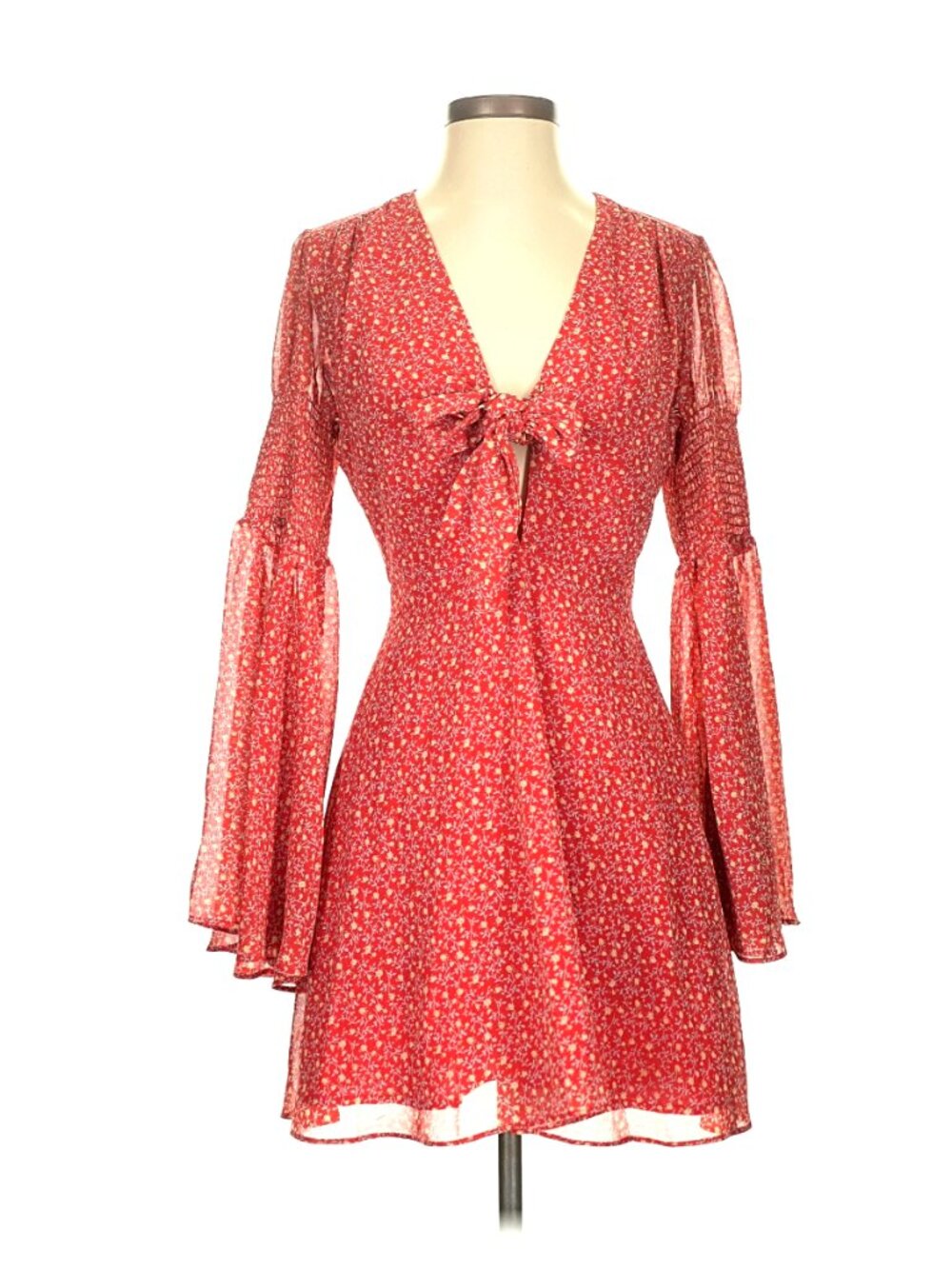 Vici Collection "Desiree" Red/Orange Floral Bell Sleeve Tie-Front Dress - Picture 6 of 13